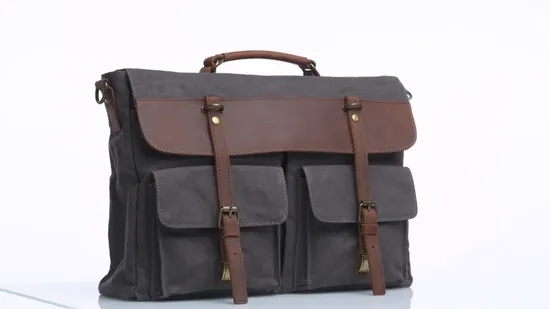 Waterproof Canvas Messenger Bag Vegan Leather Laptop Man Briefcase Handbag with Adjustable Strap (RS
