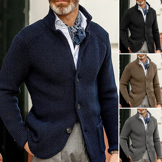 Autumn Winter Men Solid Stand Collar Knitted Sweater Cardigan 