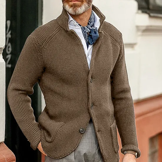 2022 Autumn Winter Men Solid Stand Collar Knitted Sweater Cardigan 
