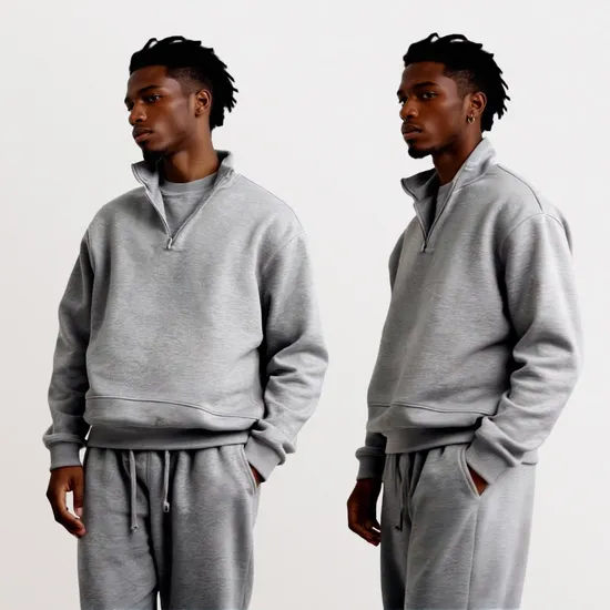 Wholesale 100% Cotton Mens Stand Collar Sweatshirt Stylish Heavyweight Terry Pullover with Half Zipper & Embroidered Logo Grey 
