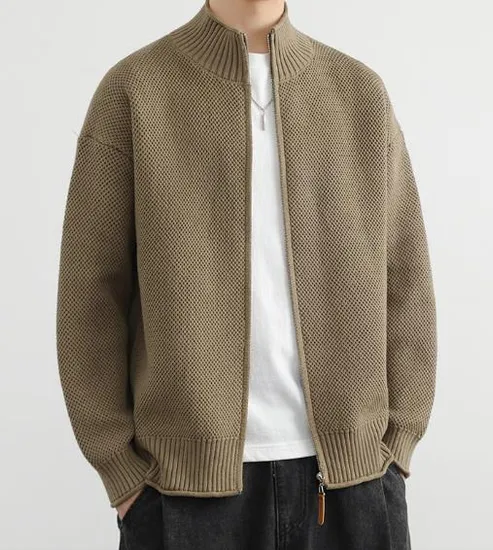 Factory OEM ODM Men Zip up Knitted Sweater Cardigan Adults Mens Mock Neck Zip Jacket Cardigan 